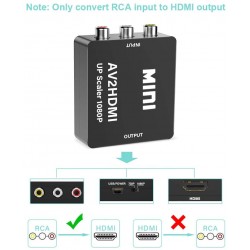 Convertidor RCA Video a Hdmi hembra, Cable power Usb V-1.0, Switch 720/1080px, 2 Audio L/R. Para ver Equipos en video HDMI.