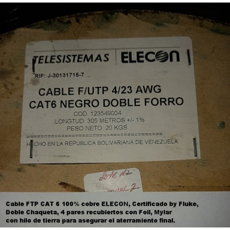 Bobina CAT6 FTP Doble Chaqueta Elecon, awg23, Foil, Hilo de Tierra, Negro, 305Mts.