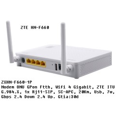 Modem ONU GPon Ftth, Wifi 4 Gigabit, ZTE ITU G.984.X, 1x Rj11-SIP, SC-APC, 20Km, Usb, 7w, Gbps 2.4_Down 2.4_Up. Gtia:30d