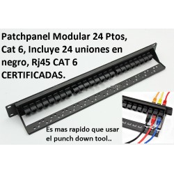 Patchpanel Modular 24 Ptos CERTIF, Cat 6 con 24 union Rj45 C6 y soporte trasero.