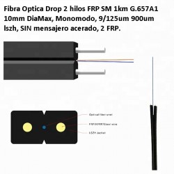 Fibra Optica Drop 2 hilos FRP SM 1km G.657A1 10mm DiaMax, Monomodo, 9/125um 900um lszh, SIN mensajero acerado, 2 FRP