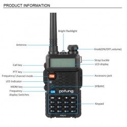 Radio FRS 5w, Dual Band, LCD, 22 canales 162-512/462-562MHz, Audífono, USB, FM 260codes, GMRS, Batería 1800mAh, Gntía:30D