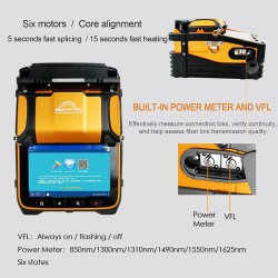 Empalmadora Fibra SM, MM, Lcd 5" 6 Motor Kit 5 Tools, PowerMeter VFL Integrado 1par electrod 3KS, 1Carg, Bat 7800mAh