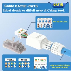 Conector Rj45 CAT 6, 10Gb Blanco Armable, awg 23-26. plastico, cable OD 0.4-1.2mmTooolfree (sin Crmp Tool), Reusable