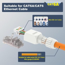 Conector Rj45 Cat 6A 10Gb Blanco Armableawg 23-26. plastico, cable OD 0.4-1.2mm TooolFree (sin Crimp Tool), Reusable