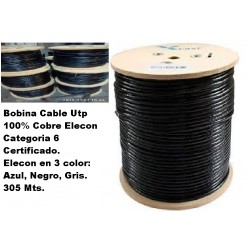 Bobina CAT6 UTP 100%COBRE 305Mts Elecon Negro, Fabricación Nacional, Awg23.