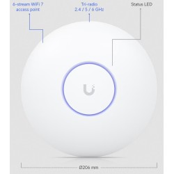 Punto de Acceso UniFi WiFi 7 Techo Tri Band, Indoor, MU-MIMO 2x2, 2.5GB, GBE NO POE, 2.4/5/6 GHz, Gtia:10dias