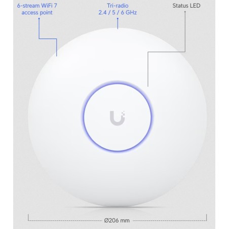 Punto de Acceso UniFi WiFi 7 Techo Tri Band, Indoor, MU-MIMO 2x2, 2.5GB, GBE NO POE, 2.4/5/6 GHz, Gtia:10dias