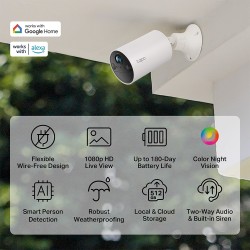 Camara WiFi 2Mpx, Wire-Free Tapo TP-Link, 1080px, MIC bidi, Sd512Gb, Bat Recargabl, IP65, 2.4Ghz, Cloud, Cable, Gtia:10d
